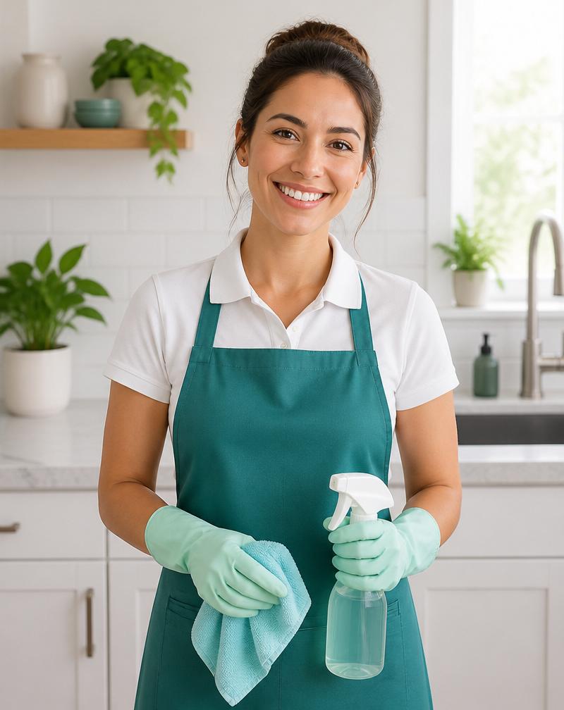 A friendly cleaning professional in a minimalist teal apron, smiling in a bright kitchen